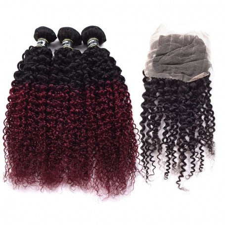 Tissage Brésilien - Mèches 100% Humain Jerry Curl 1b/BG x3 et Closure