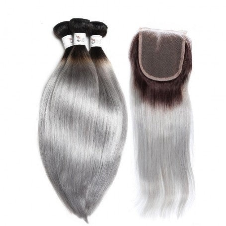 Tissage Brésilien 100% Humain Lisse Gris ombré 1B/Gris x3 et closure x1